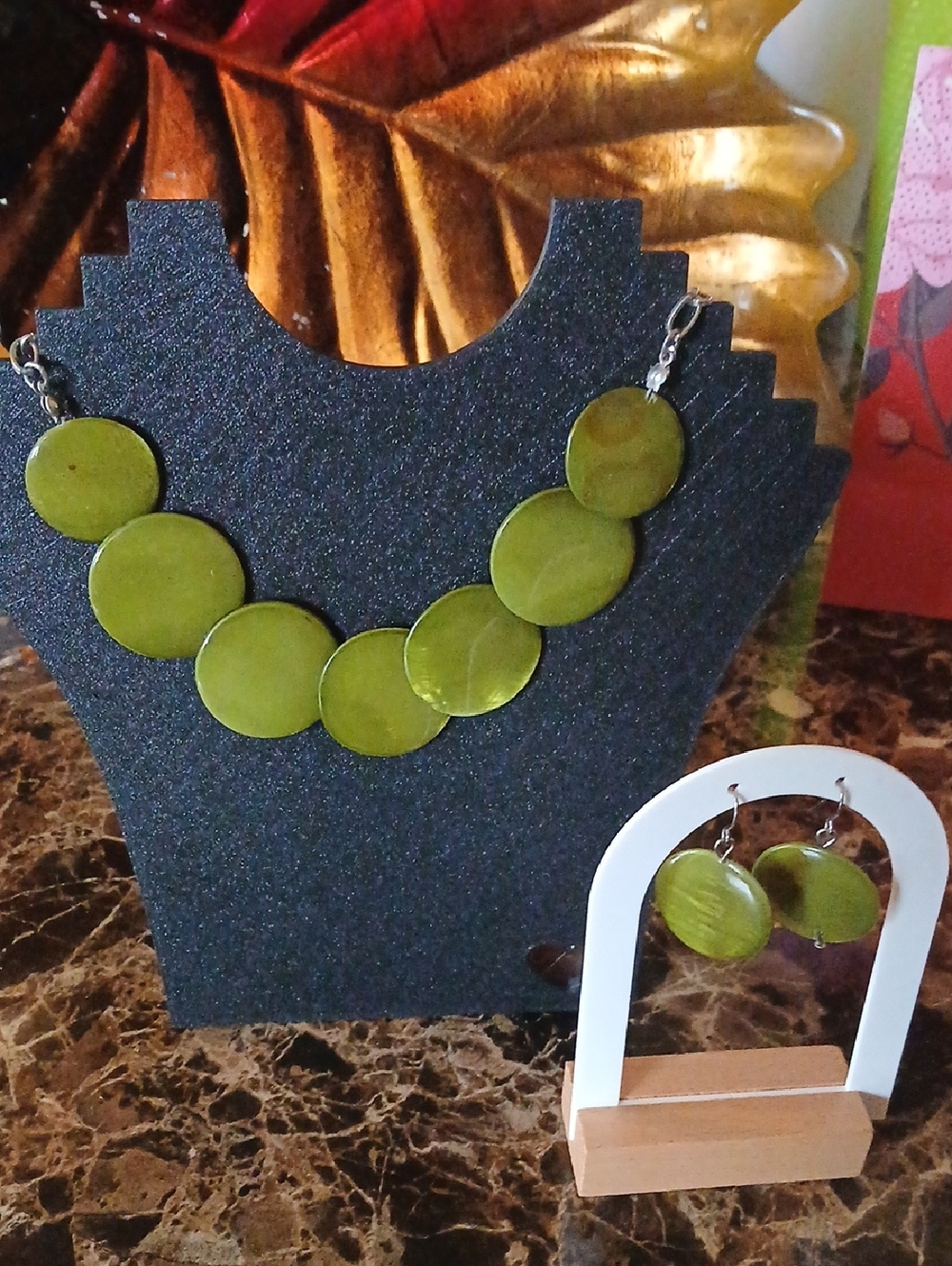 Green Disc Necklace and Earring Set - Bold Olive Statement Jewelry